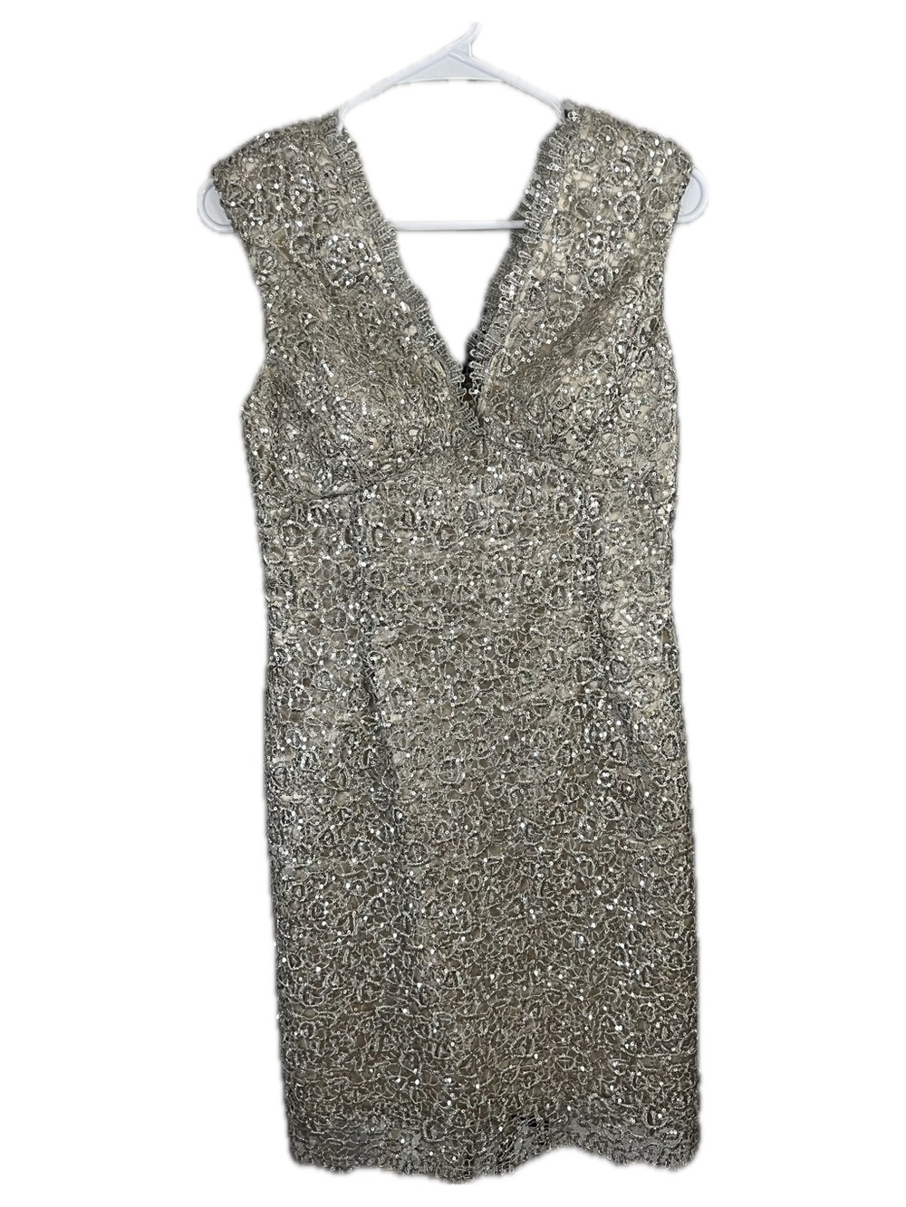 MARINA Silver Sequin V-Neck bodycon stretch mini Dress